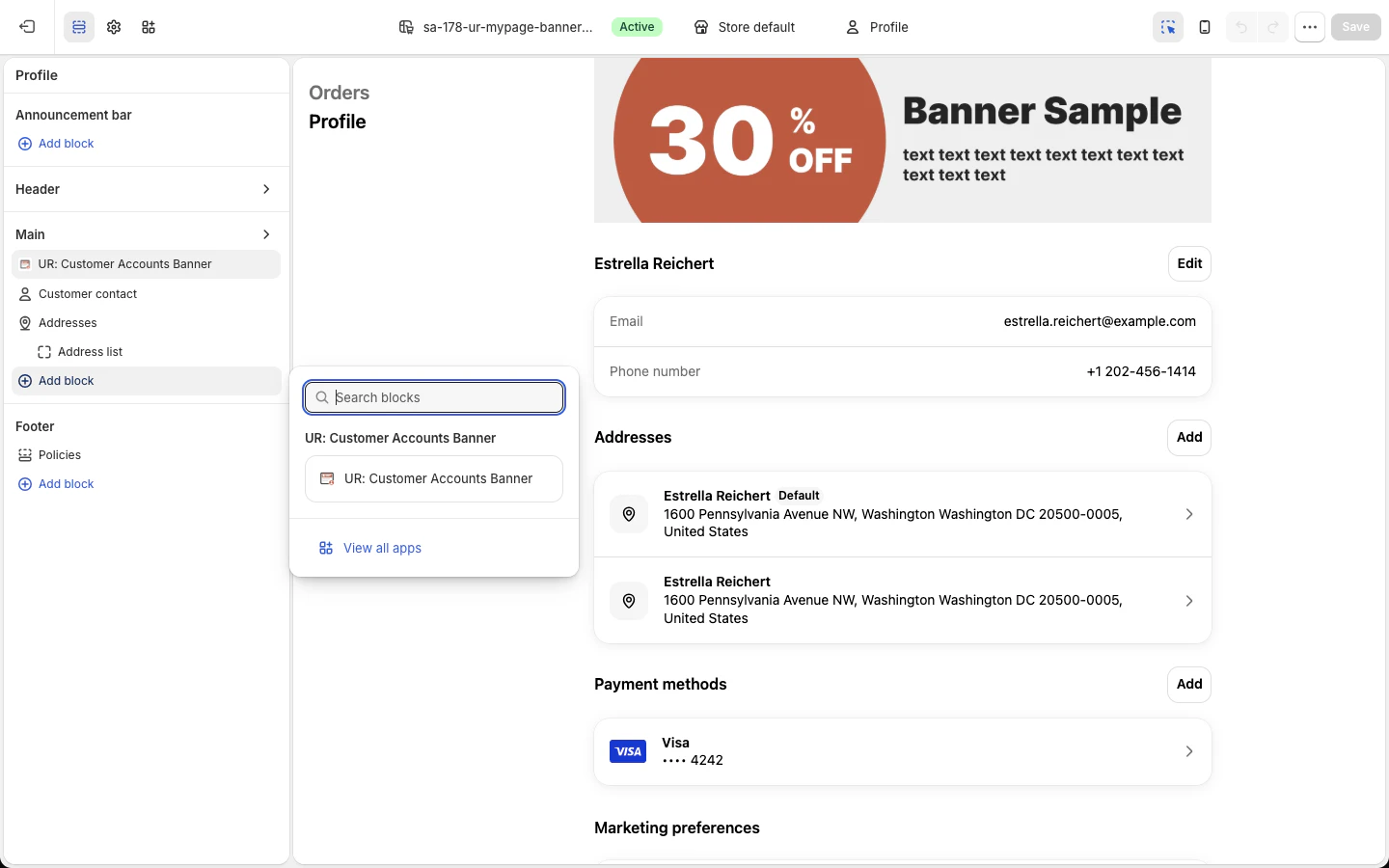 お客様アカウントのエディタで Add block を押し、UR: Customer Accounts Banner を選ぶ画面