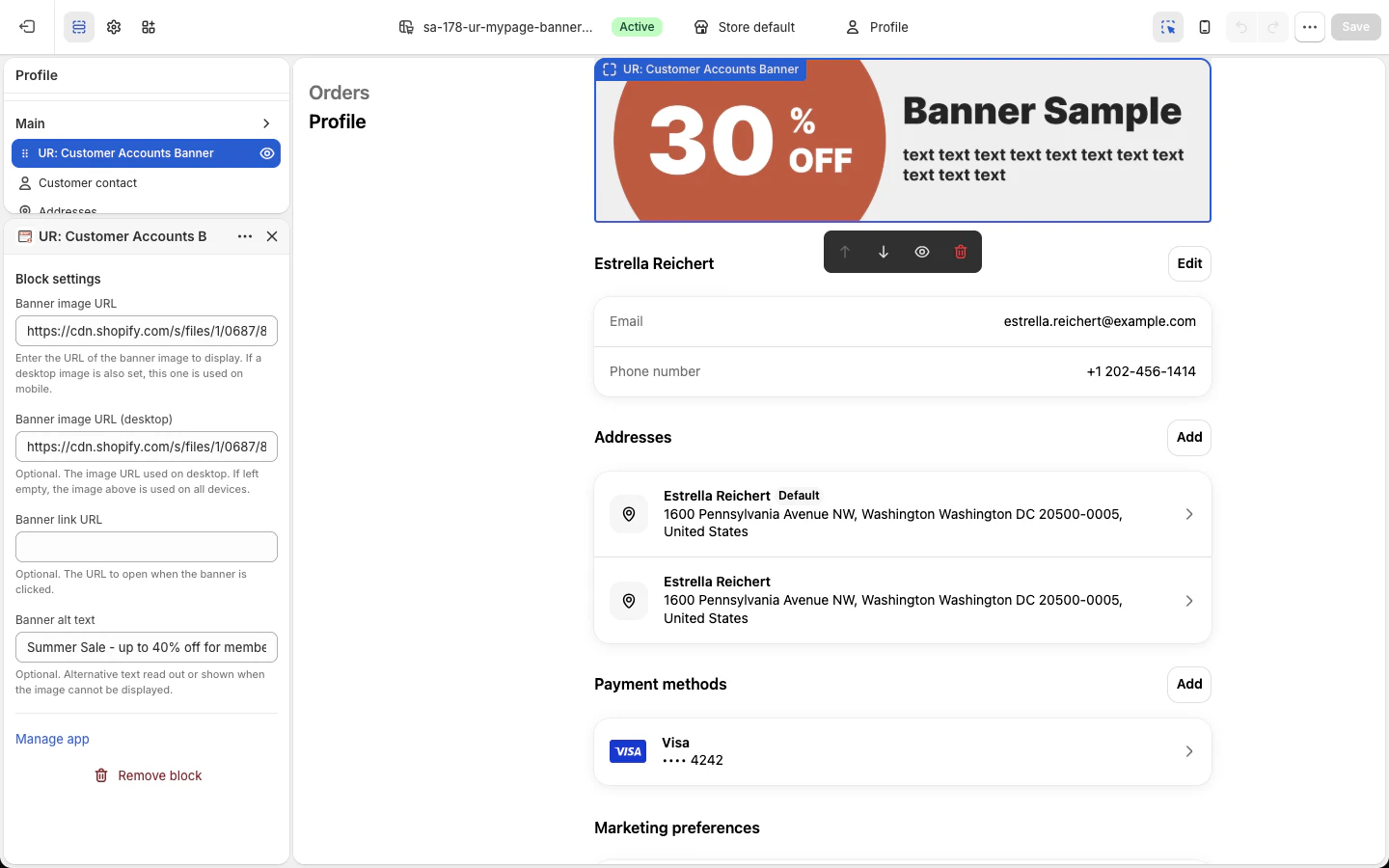 ブロック設定パネル。Banner image URL・Banner image URL (desktop)・Banner link URL・Banner alt text